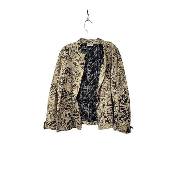 Chico's Linen Jacket Tan and Black Abstract Print Chico's Size 3 Women's 16-18 - Picture 2 of 4